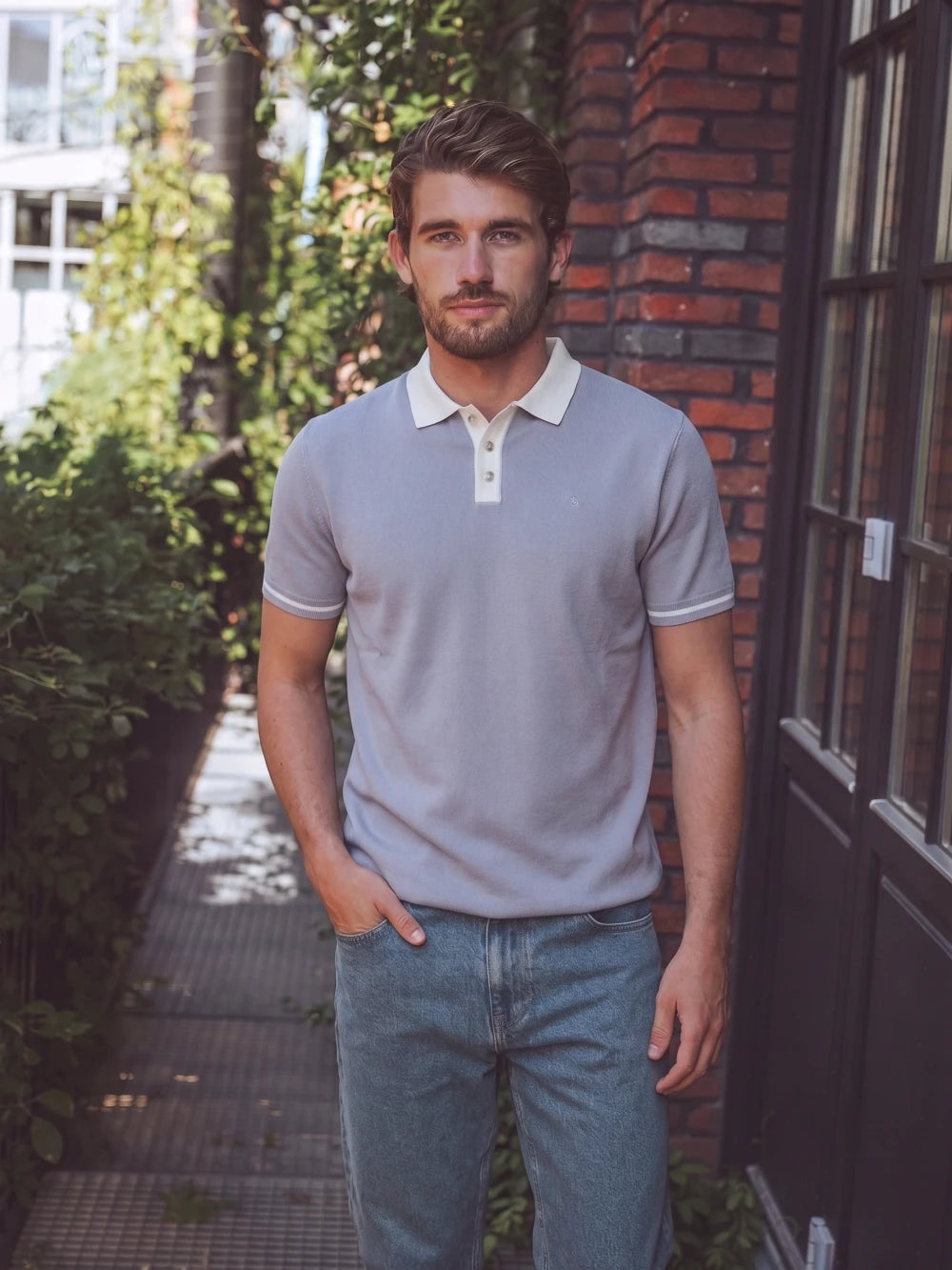 Grey Knit Collar Polo
