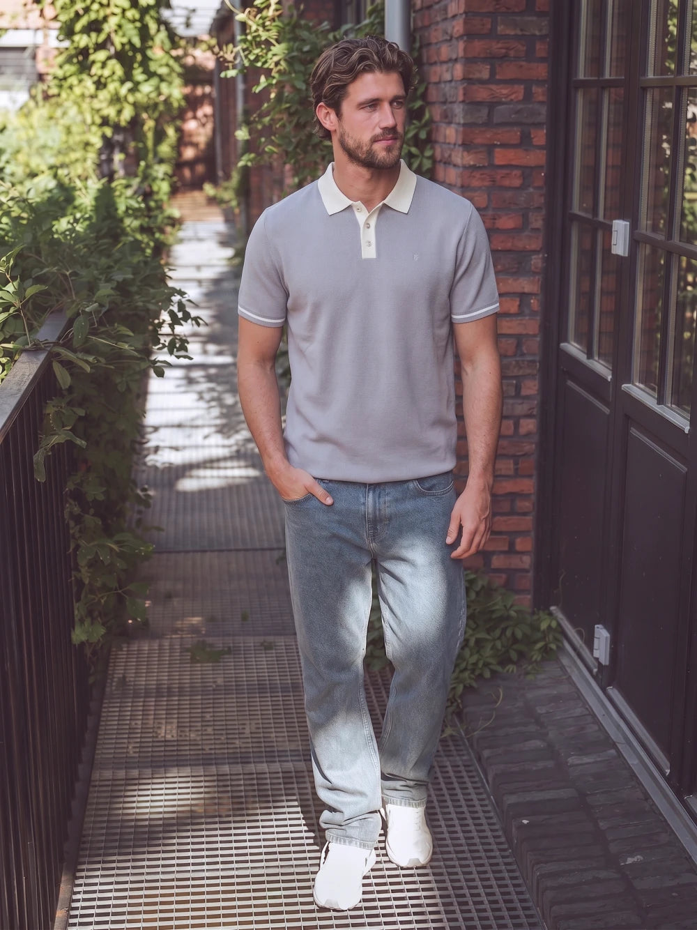 Grey Knit Collar Polo