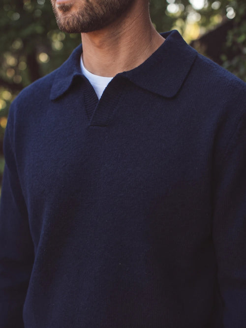 Navy Knit V-Neck Polo