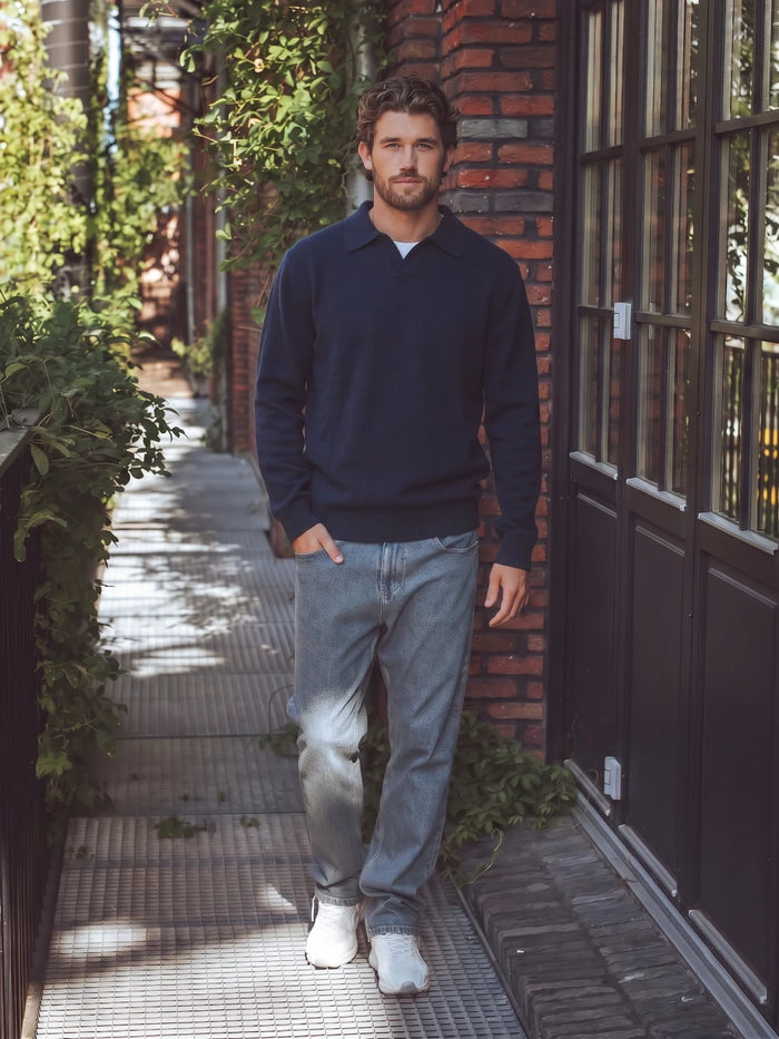 Navy Knit V-Neck Polo