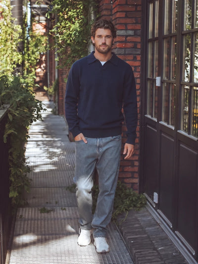 Navy Knit V-Neck Polo