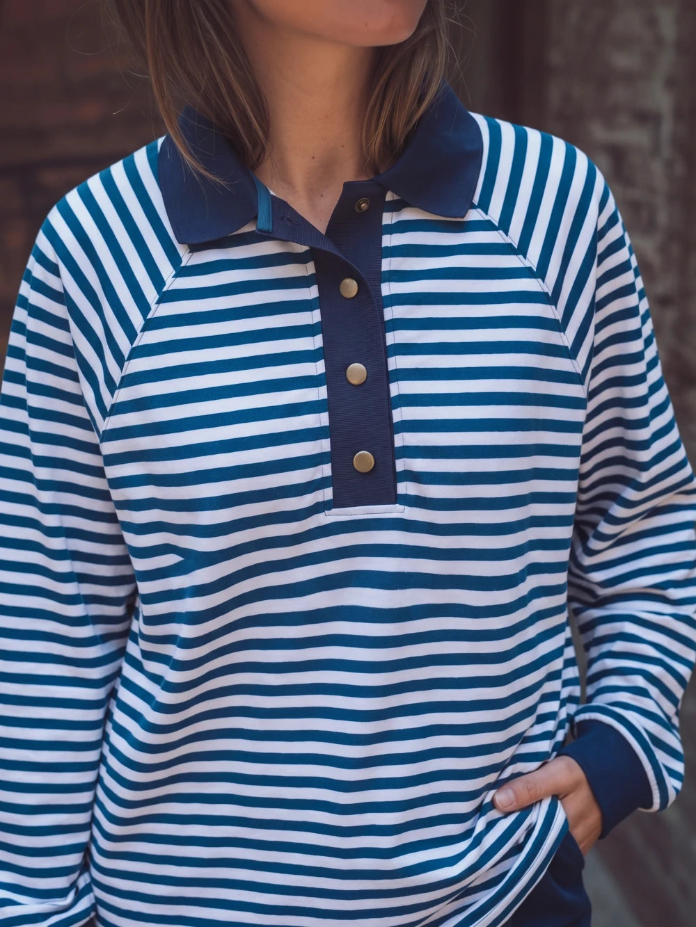 Navy gestreiftes Oversized Poloshirt