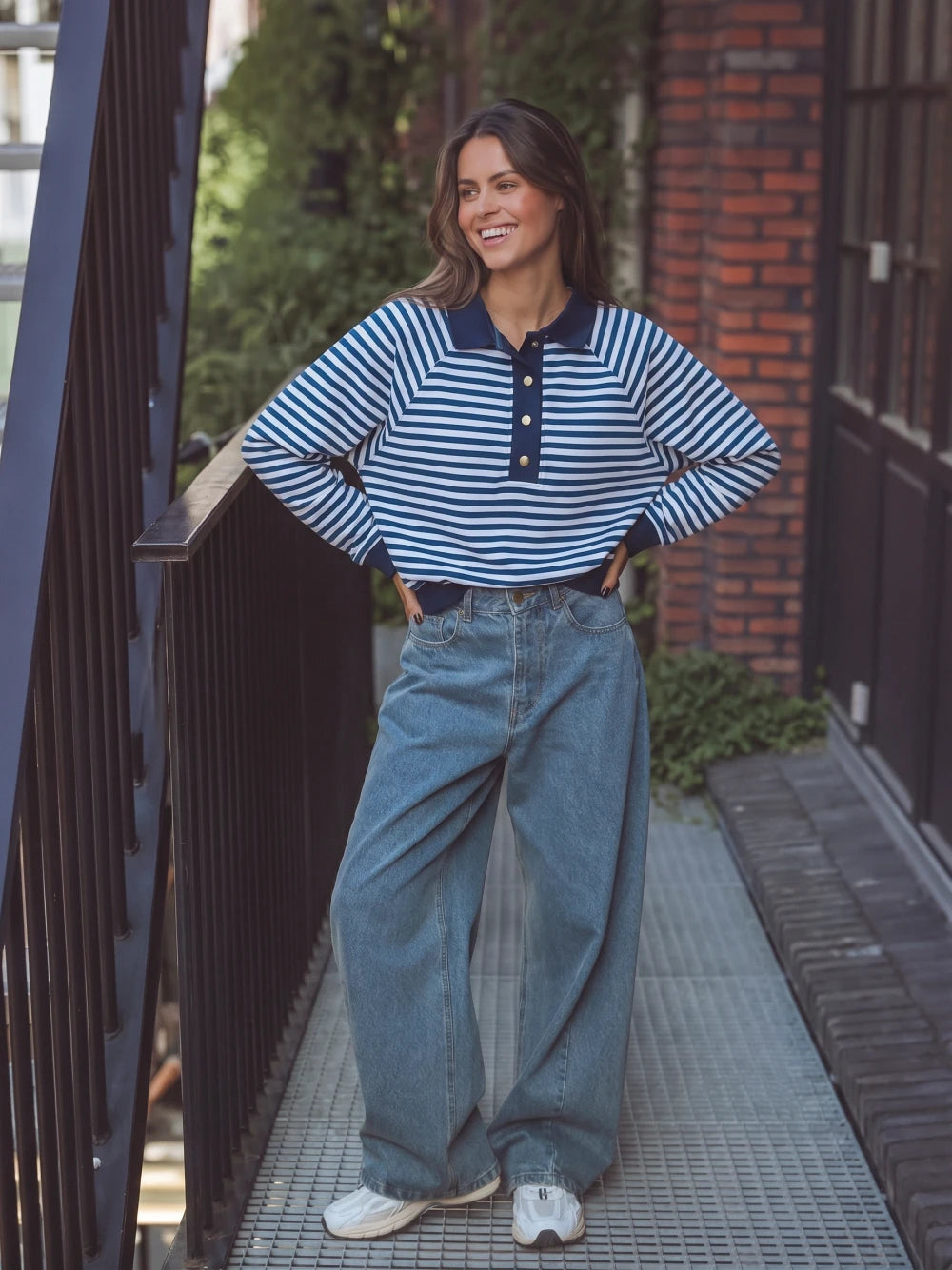 Navy gestreiftes Oversized Poloshirt