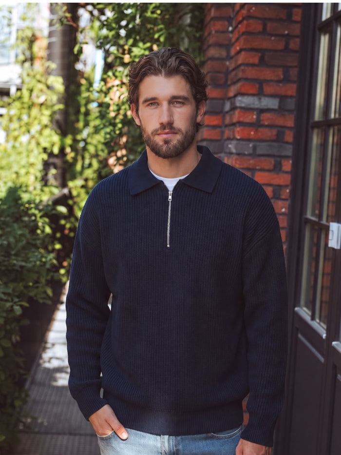 Navy Knit Oversized Polo Sweater