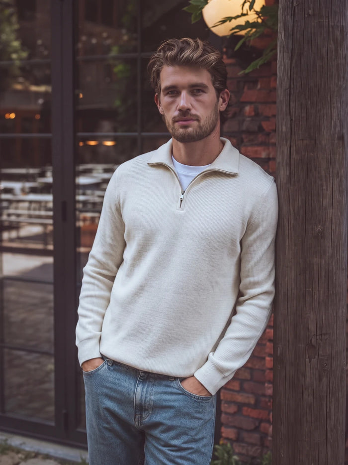 Off White Rib Half Zip Sweater