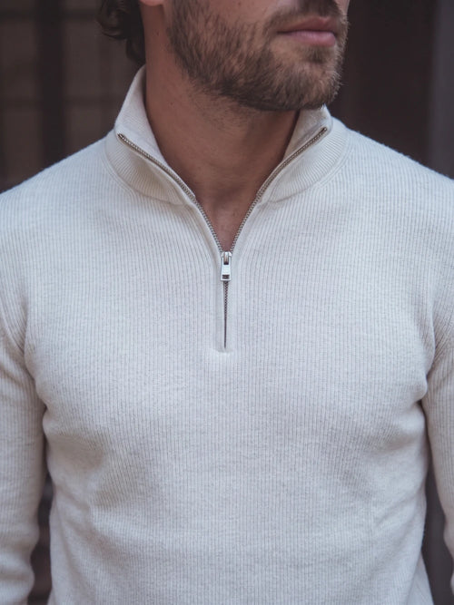 Off White Rib Half-Zip Sweater