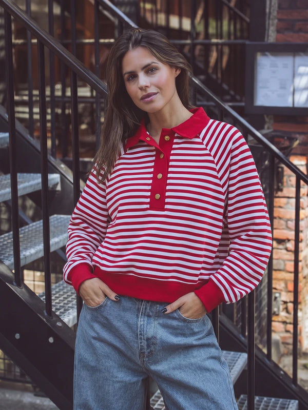 GESTREIFTES OVERSIZED POLO-SWEATSHIRT IN ROT