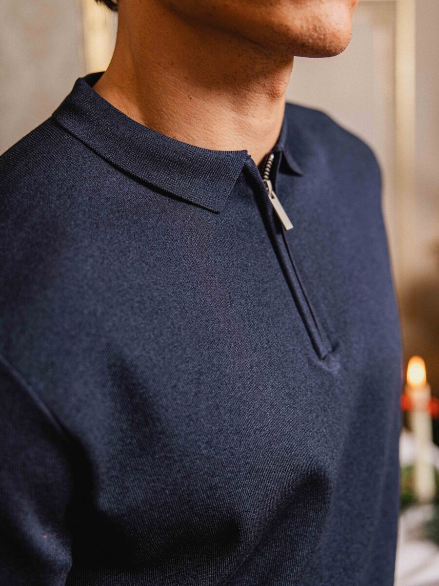 Navy Knit Zipper Polo