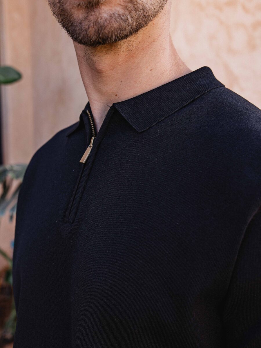 Black Knit Zipper Polo