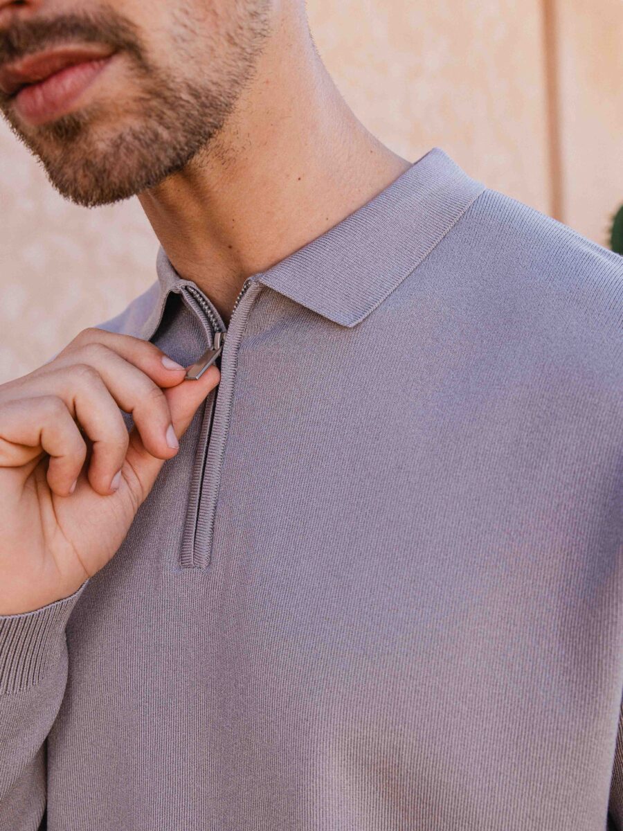 Grey Knit Zipper Polo