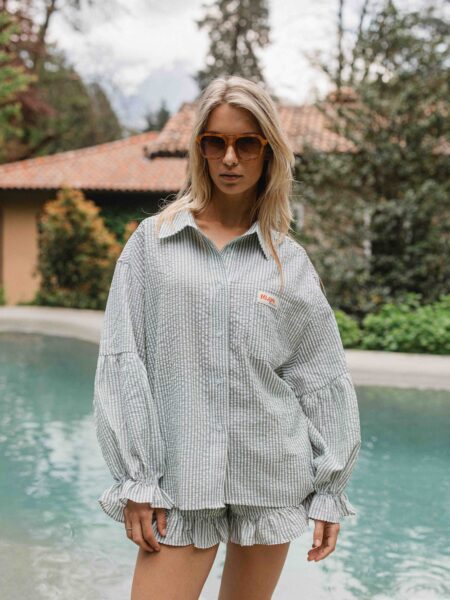 Green Stripe Oversized Ruffle Blouse