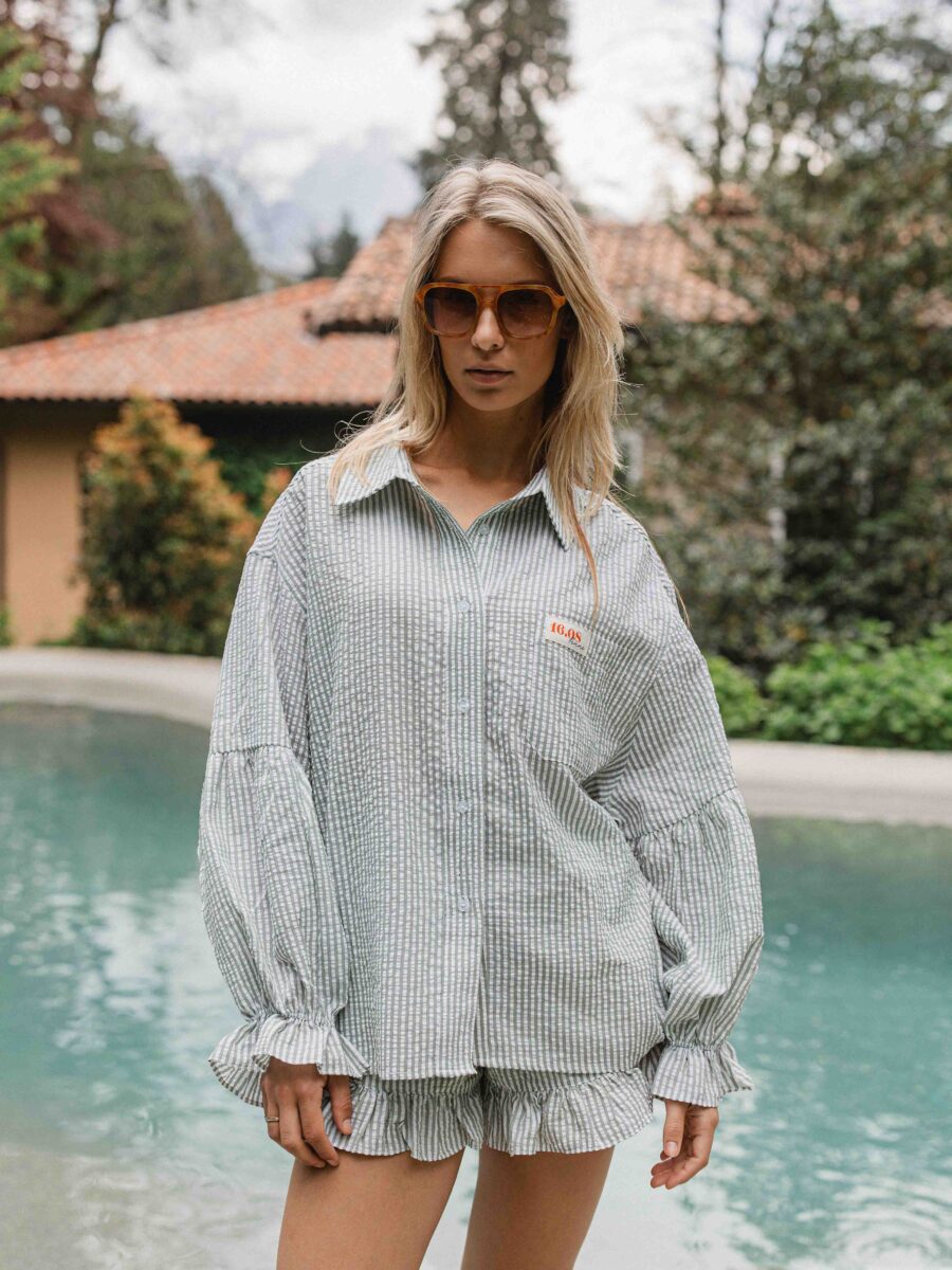 Green Stripe Oversized Ruffle Blouse