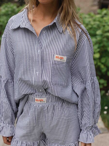 Blue Stripe Oversized Ruffle Blouse
