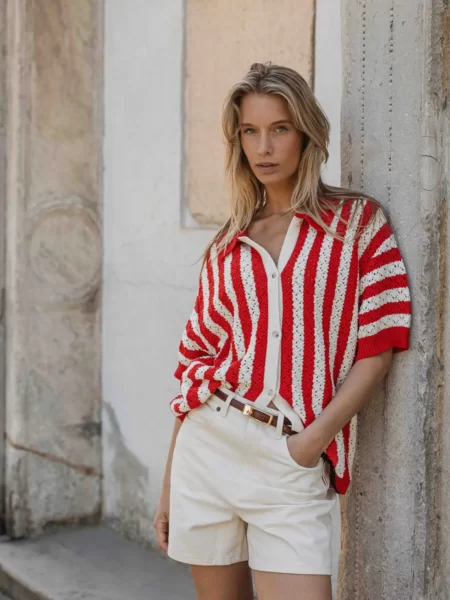 Red/White Crochet Polo