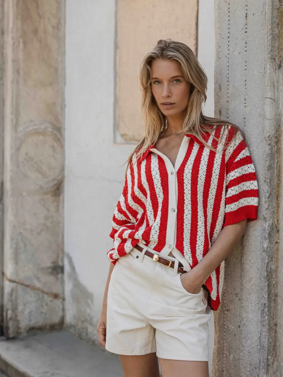 Red/White Crochet Polo