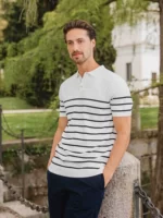 White Knit Button Stripe Polo