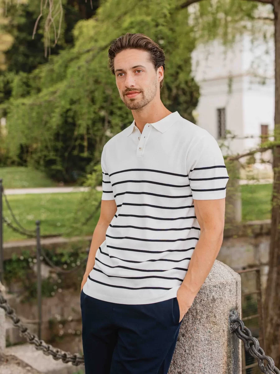 White Knit Button Stripe Polo