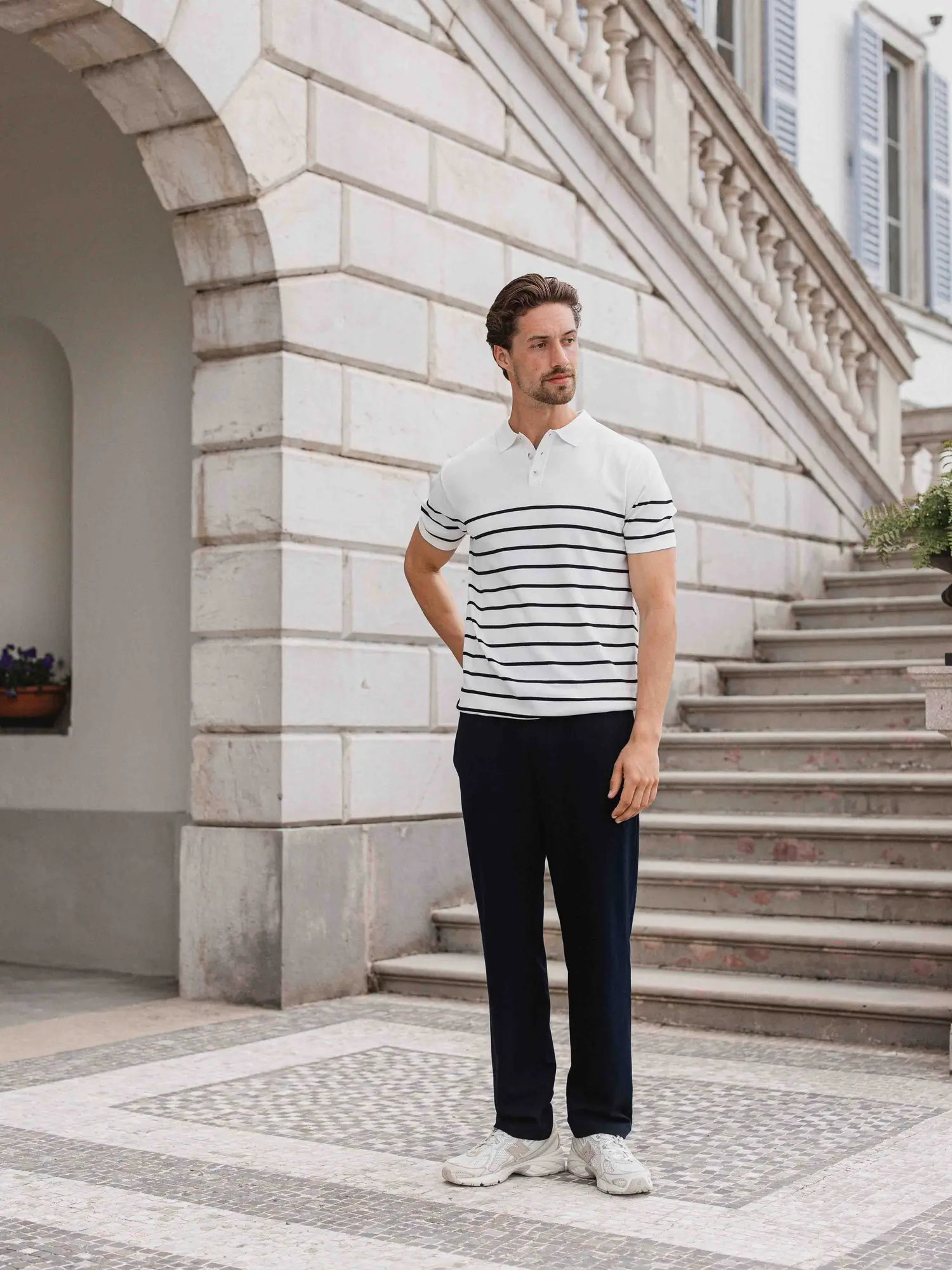 White Knit Button Stripe Polo 1608 WEAR