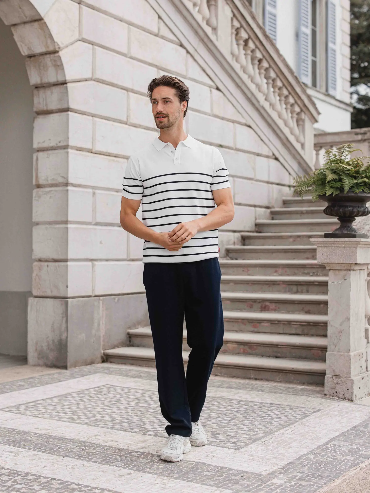 White Knit Button Stripe Polo 1608 WEAR