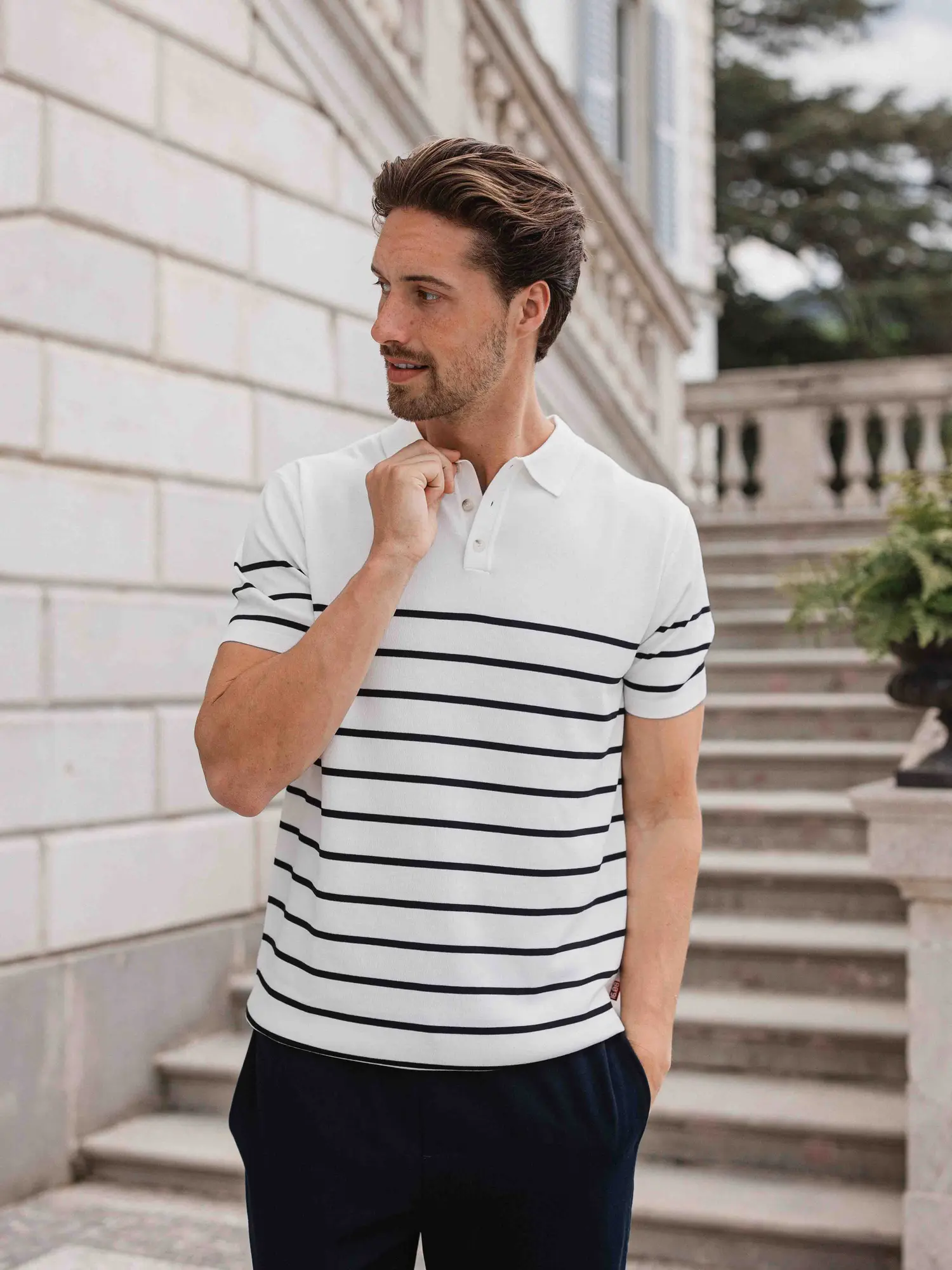 White Knit Button Stripe Polo 1608 WEAR