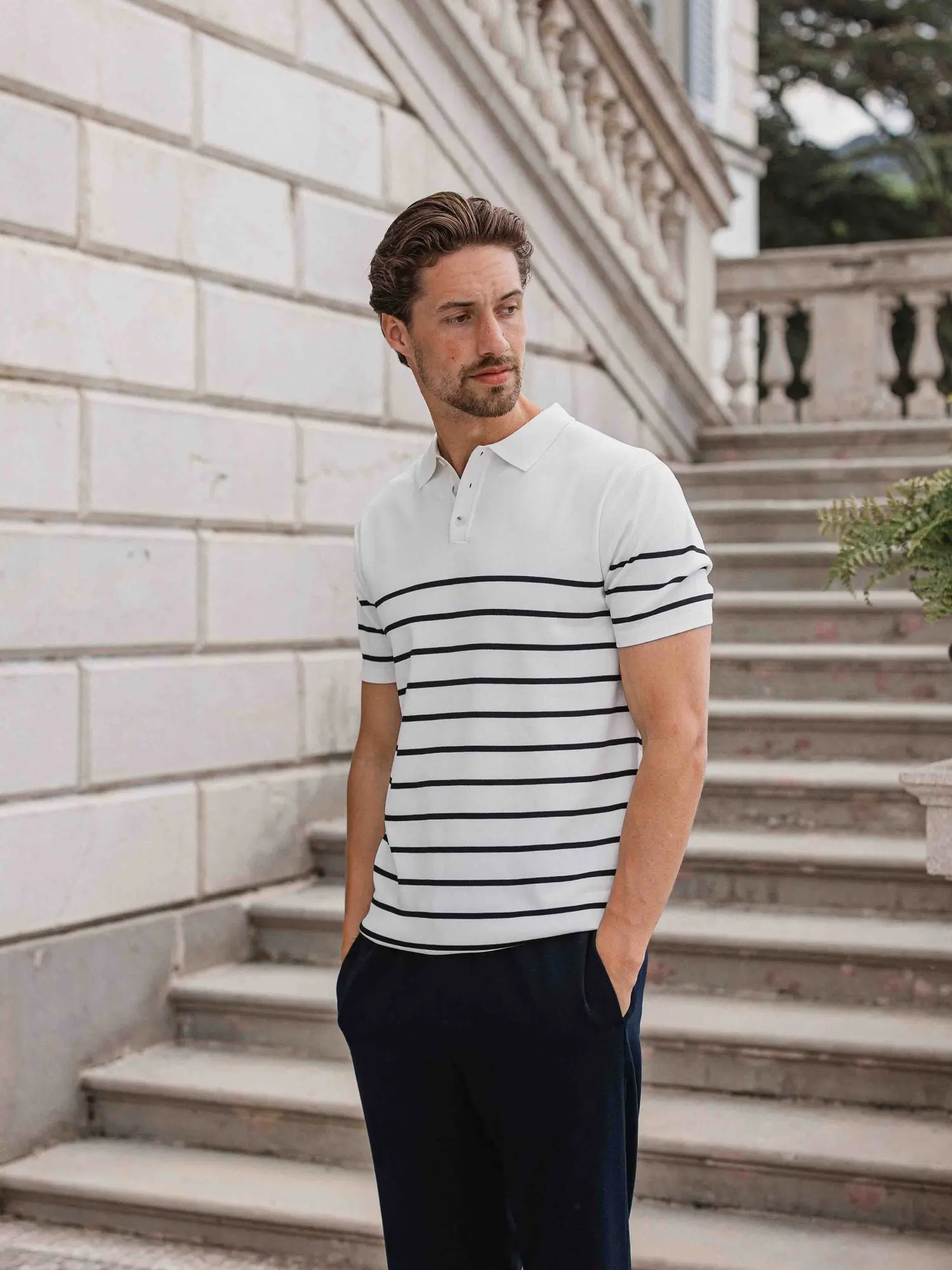 White Knit Button Stripe Polo 1608 WEAR