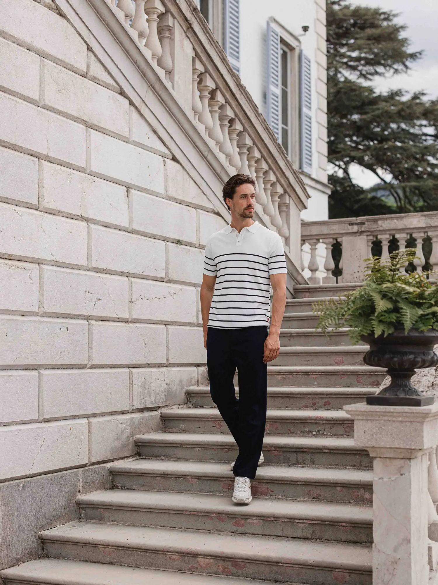 White Knit Button Stripe Polo 1608 WEAR