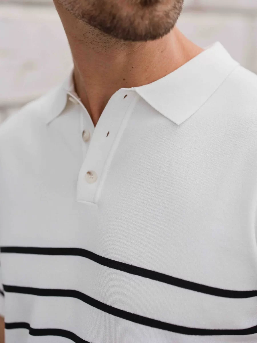 White Knit Button Stripe Polo