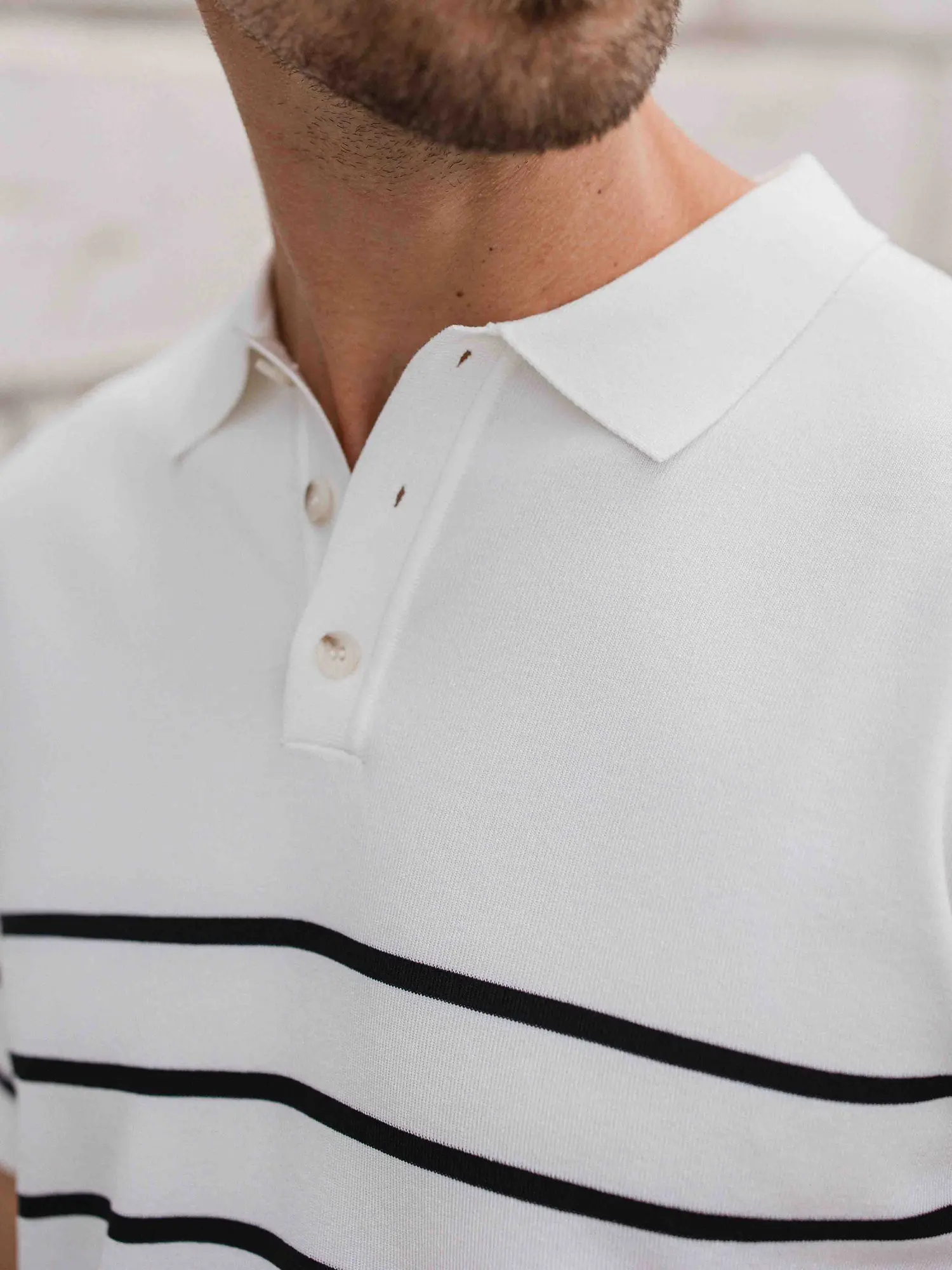 White Knit Button Stripe Polo 1608 WEAR