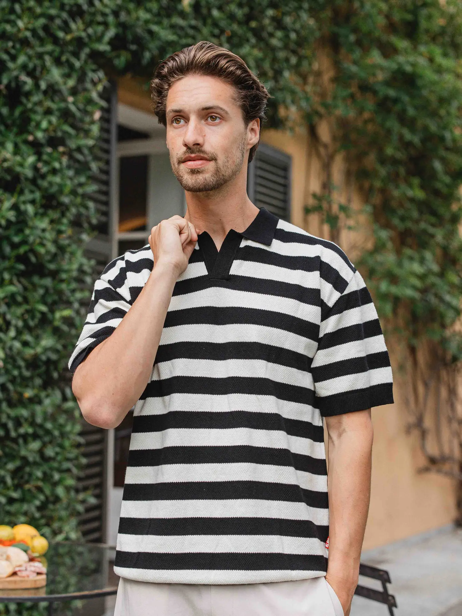 Black Knitted Stripe Polo 1608 WEAR