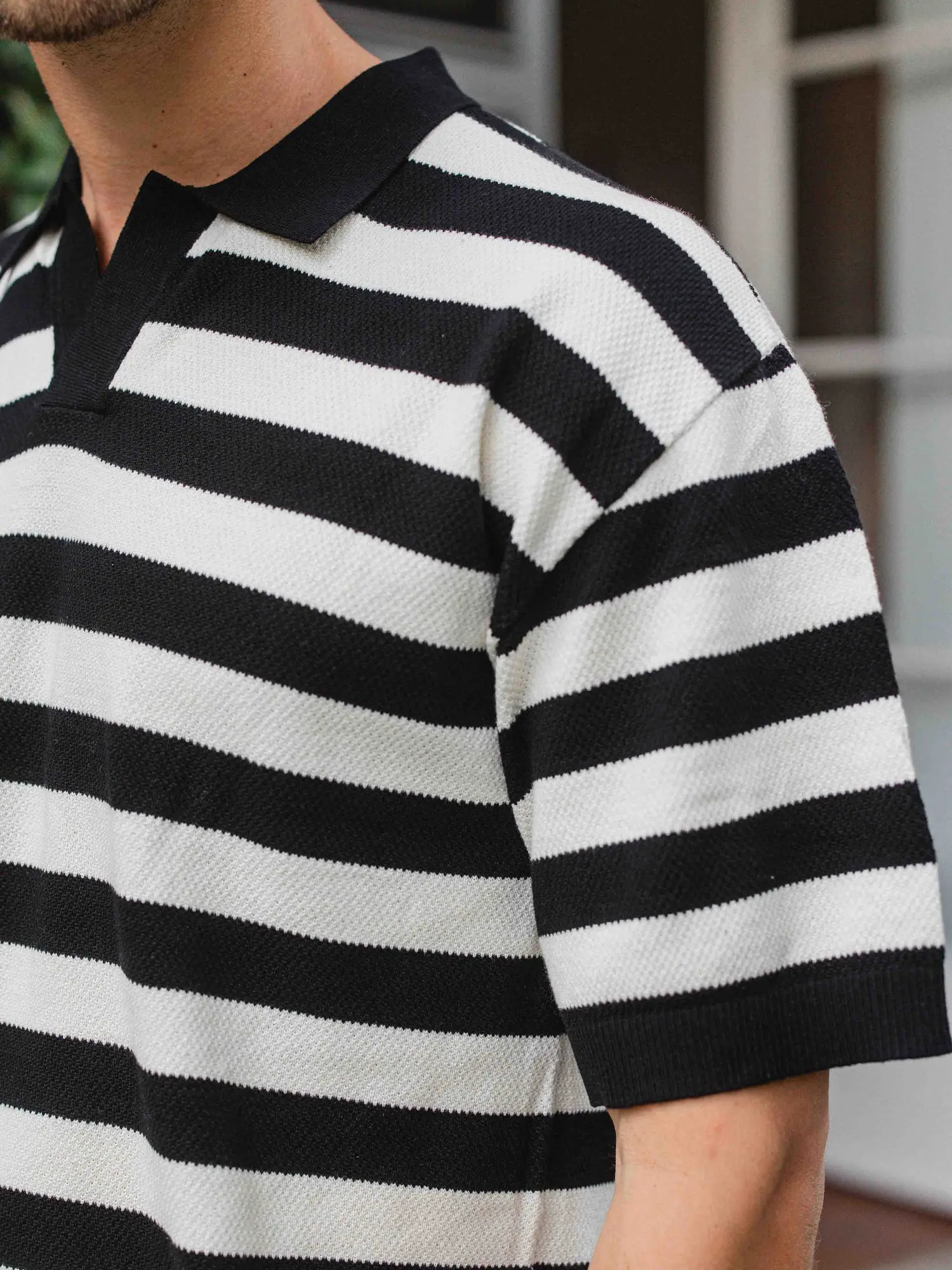 Black Knitted Stripe Polo 1608 WEAR