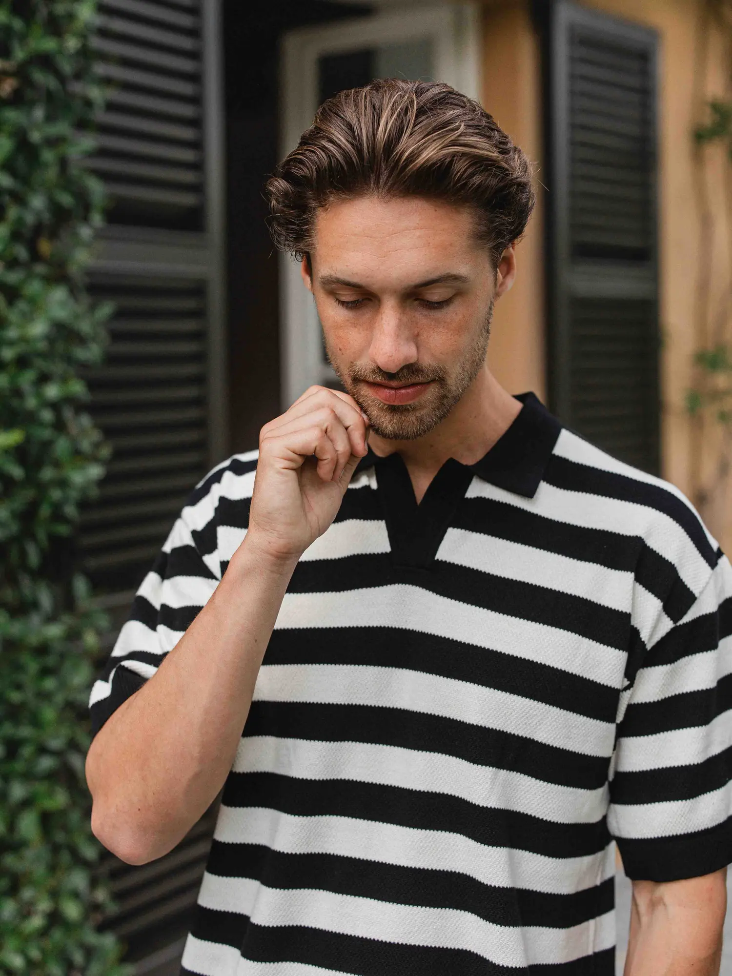 Black Knitted Stripe Polo 1608 WEAR