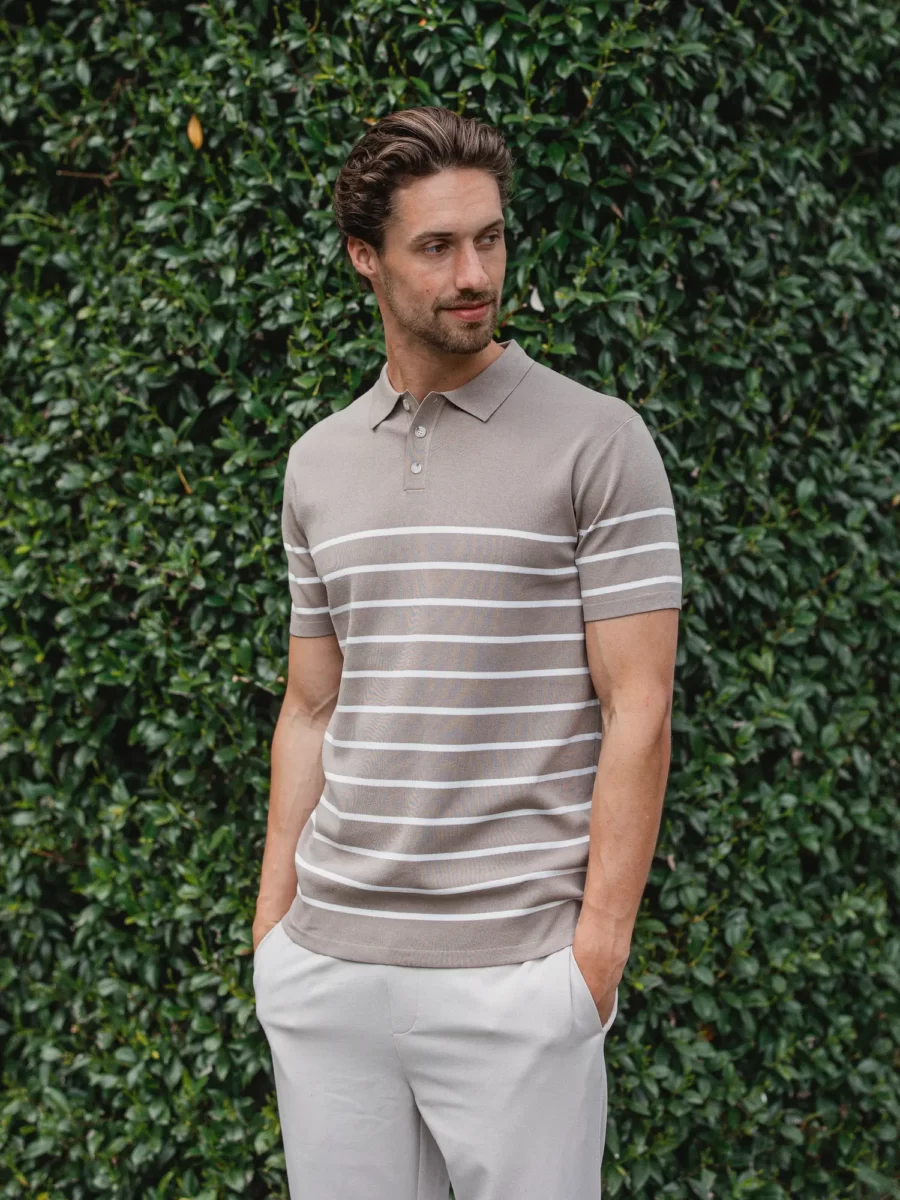 Beige Knit Button Stripe Polo