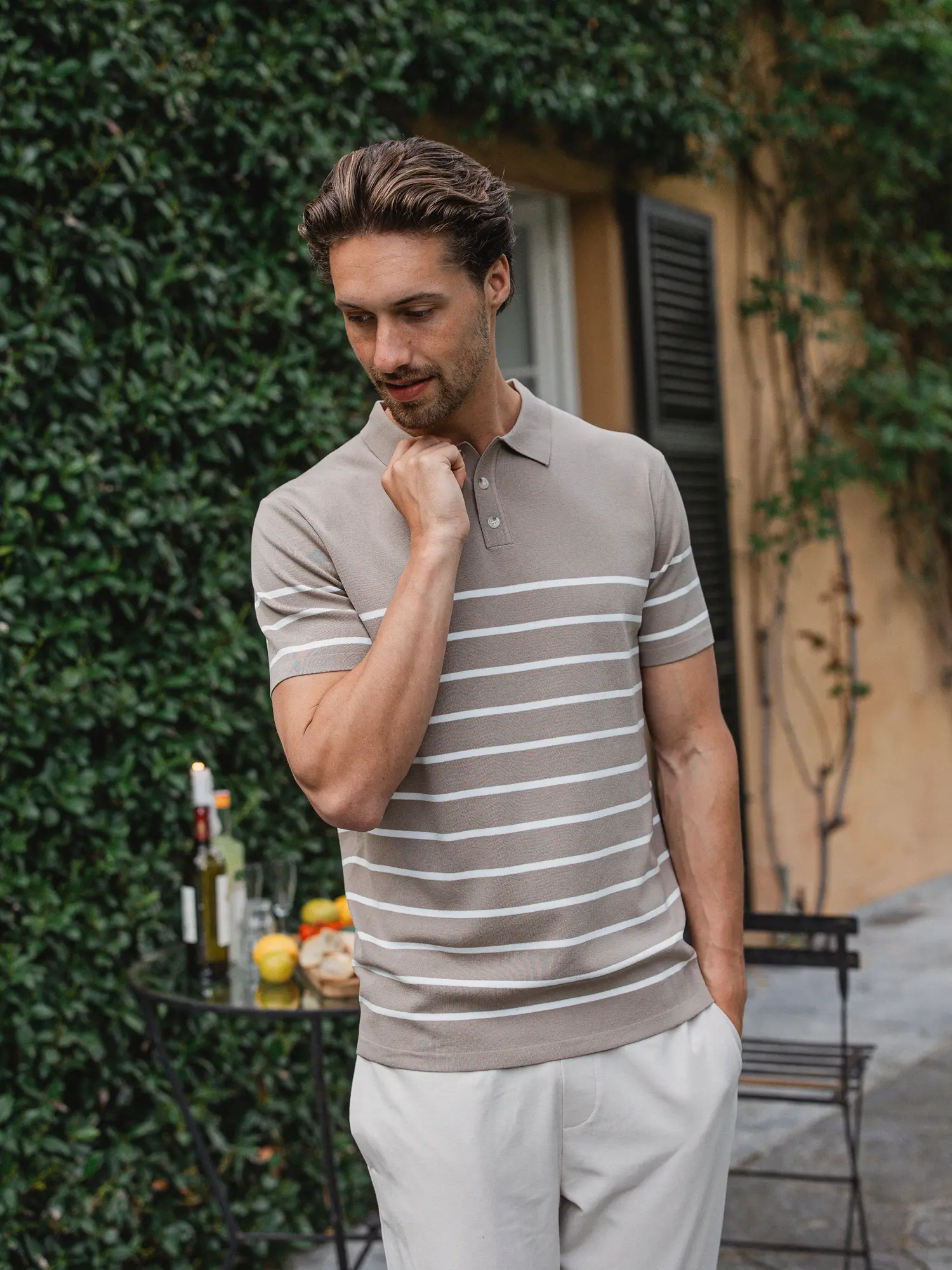 Beige Knit Button Stripe Polo 1608 WEAR