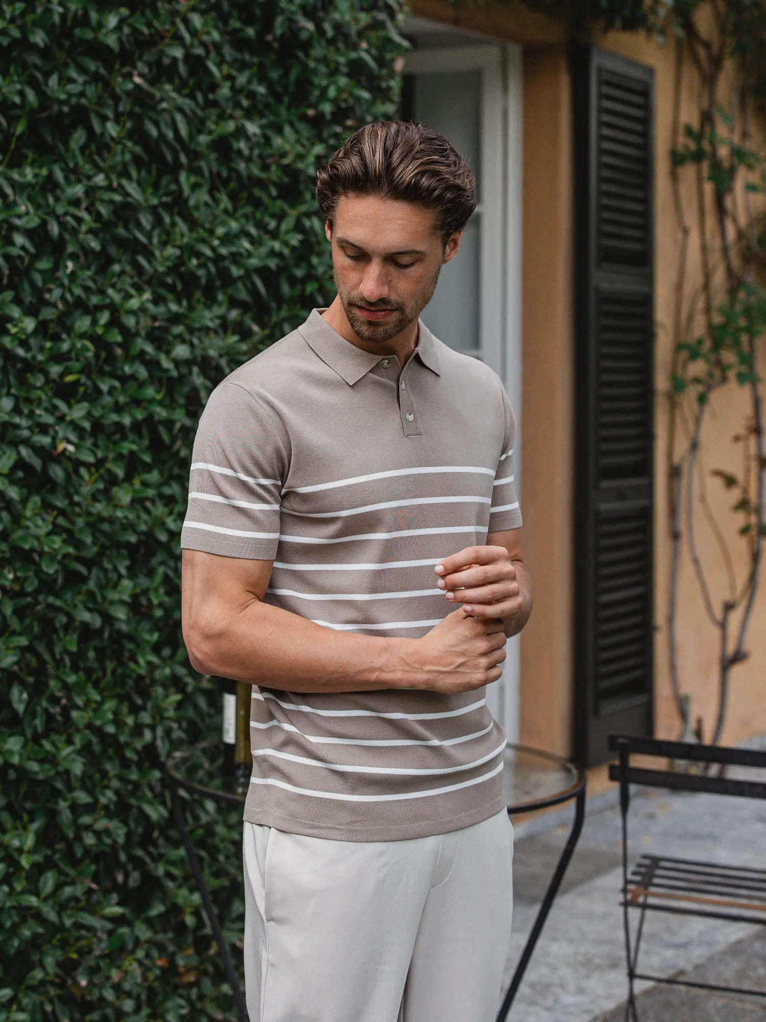 Beige Knit Button Stripe Polo 1608 WEAR