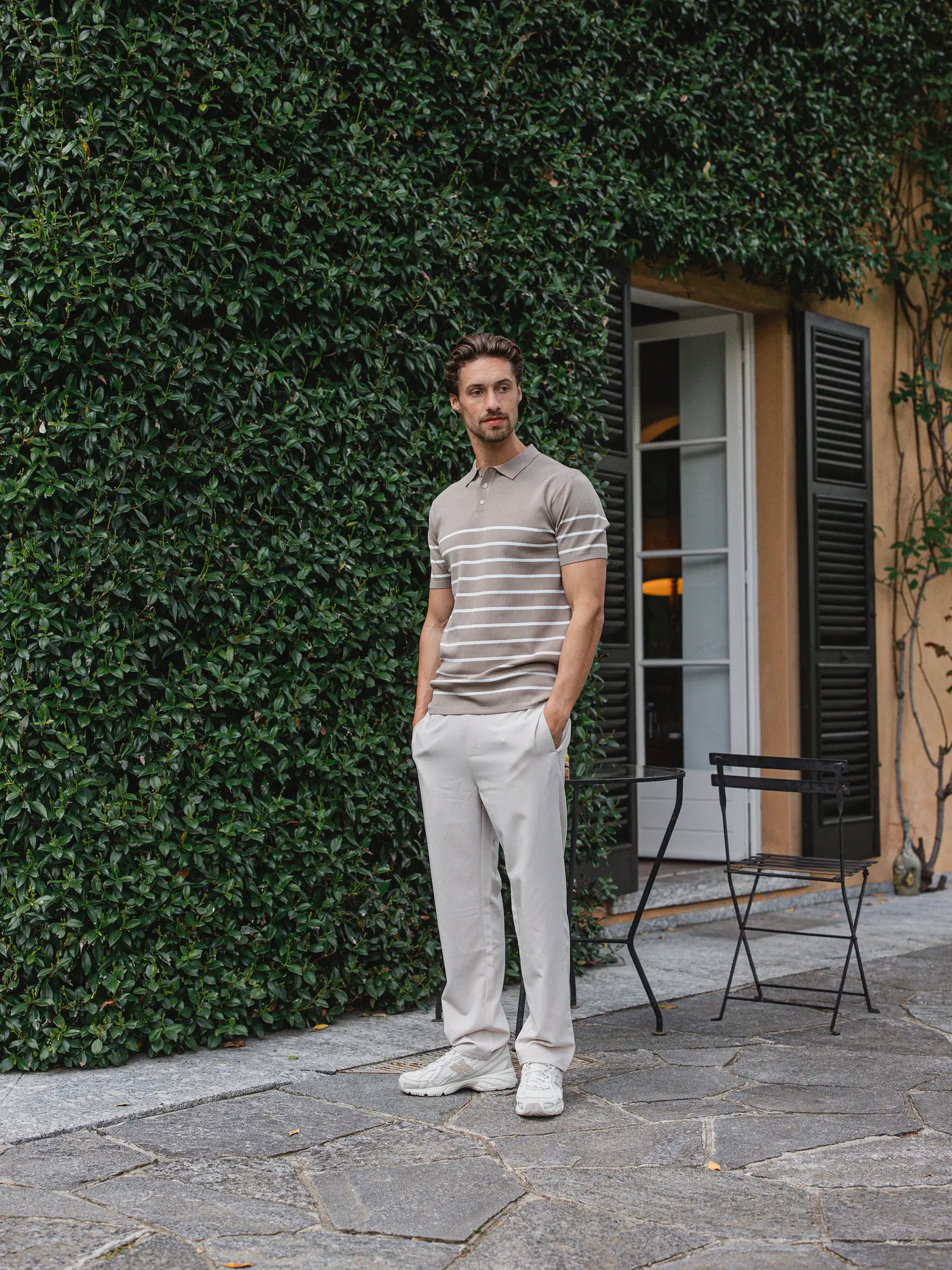 Beige Knit Button Stripe Polo 1608 WEAR