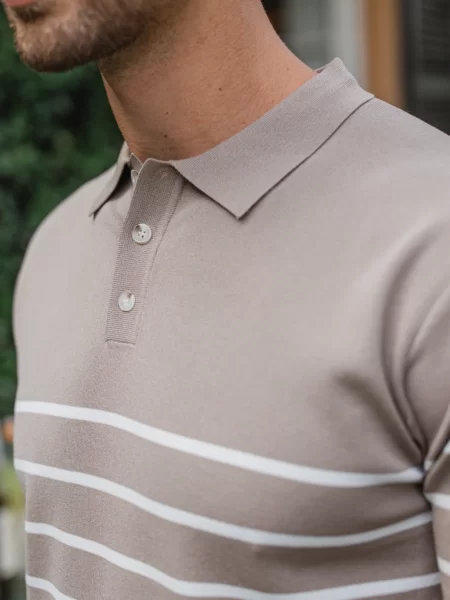 Beige Knit Button Stripe Polo