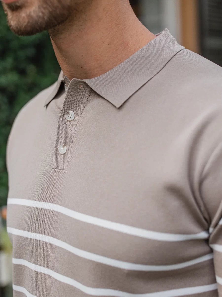Beige Knit Button Stripe Polo