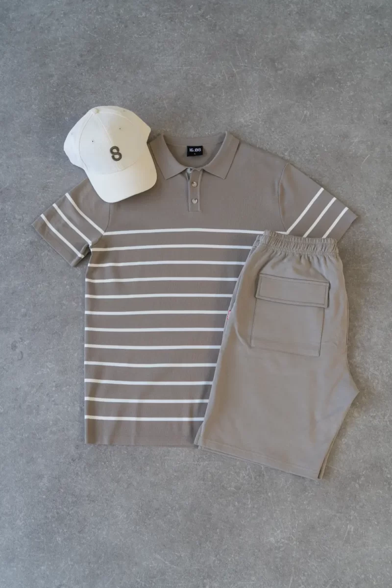 Beige knit button stripe polo outfit 1608 WEAR