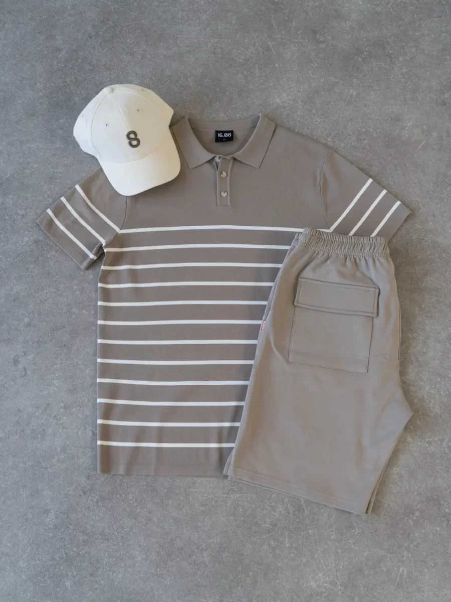 Beige knit button stripe polo outfit 1608 WEAR