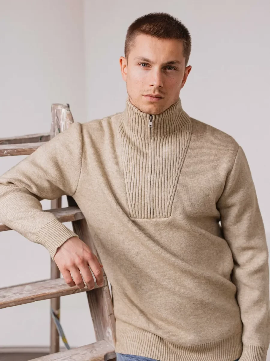 Beige Knit Zipper Collar