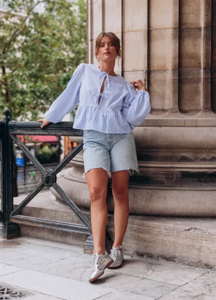 Light Blue Stripe Bow Blouse