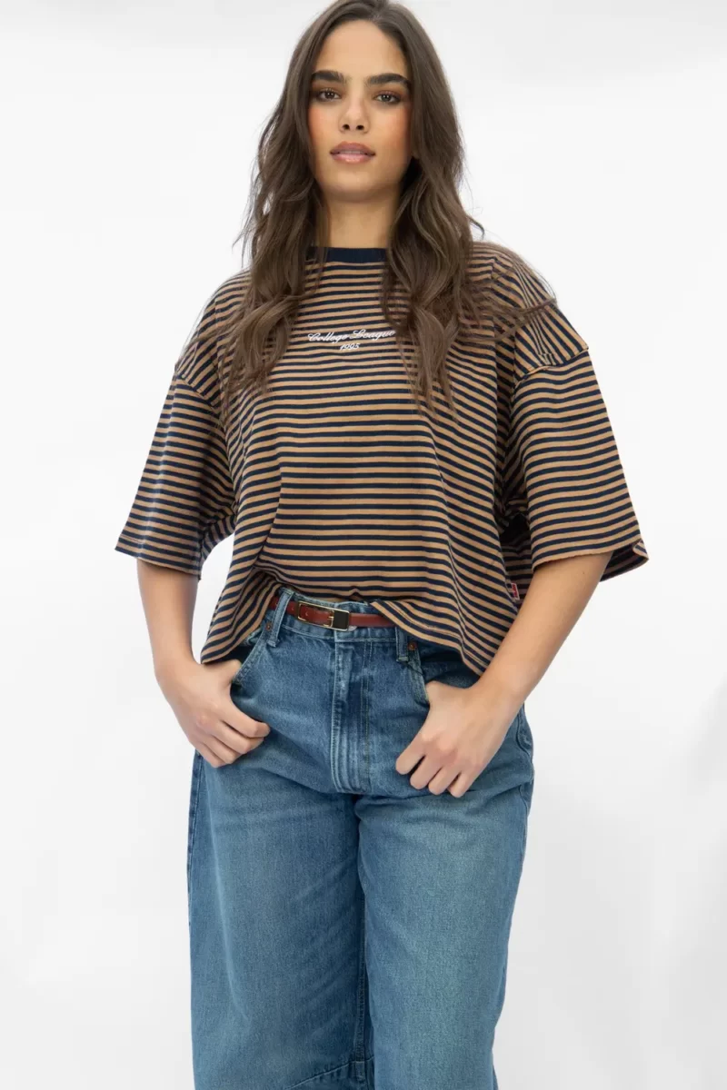 Navy/ Brown Stripe Cropped Tee