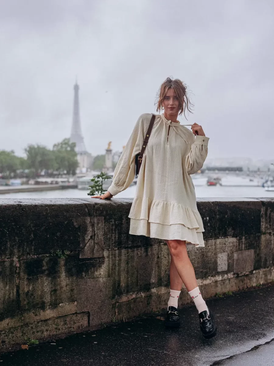 Creme Bow Ruffle Dress