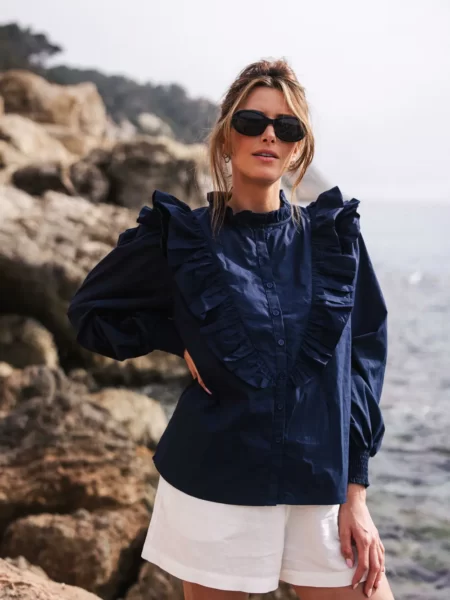 Navy Ruffle Front Blouse