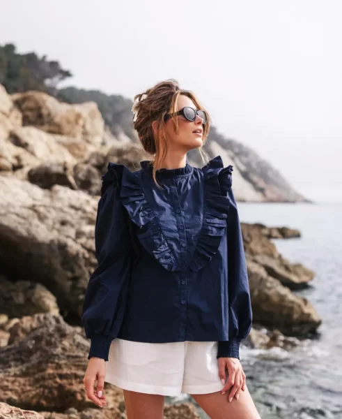 Navy Ruffle Front Blouse
