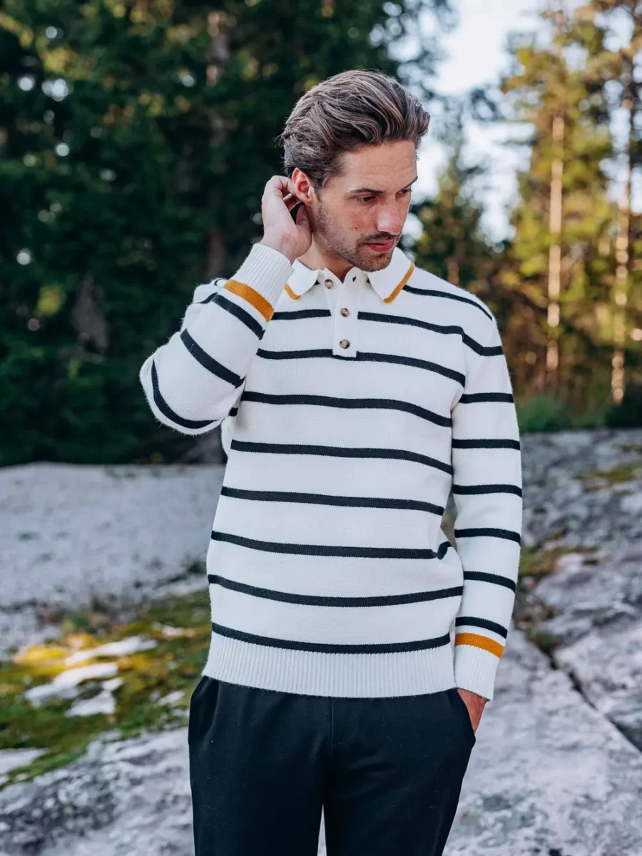 Off White Stripe Knit Polo Sweater