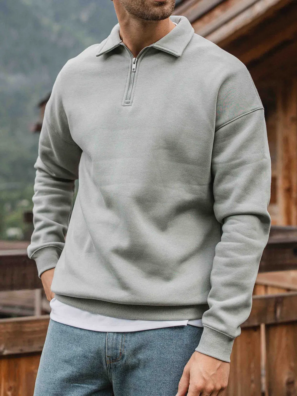 Light Green Polo Zipper Sweater 1608 WEAR
