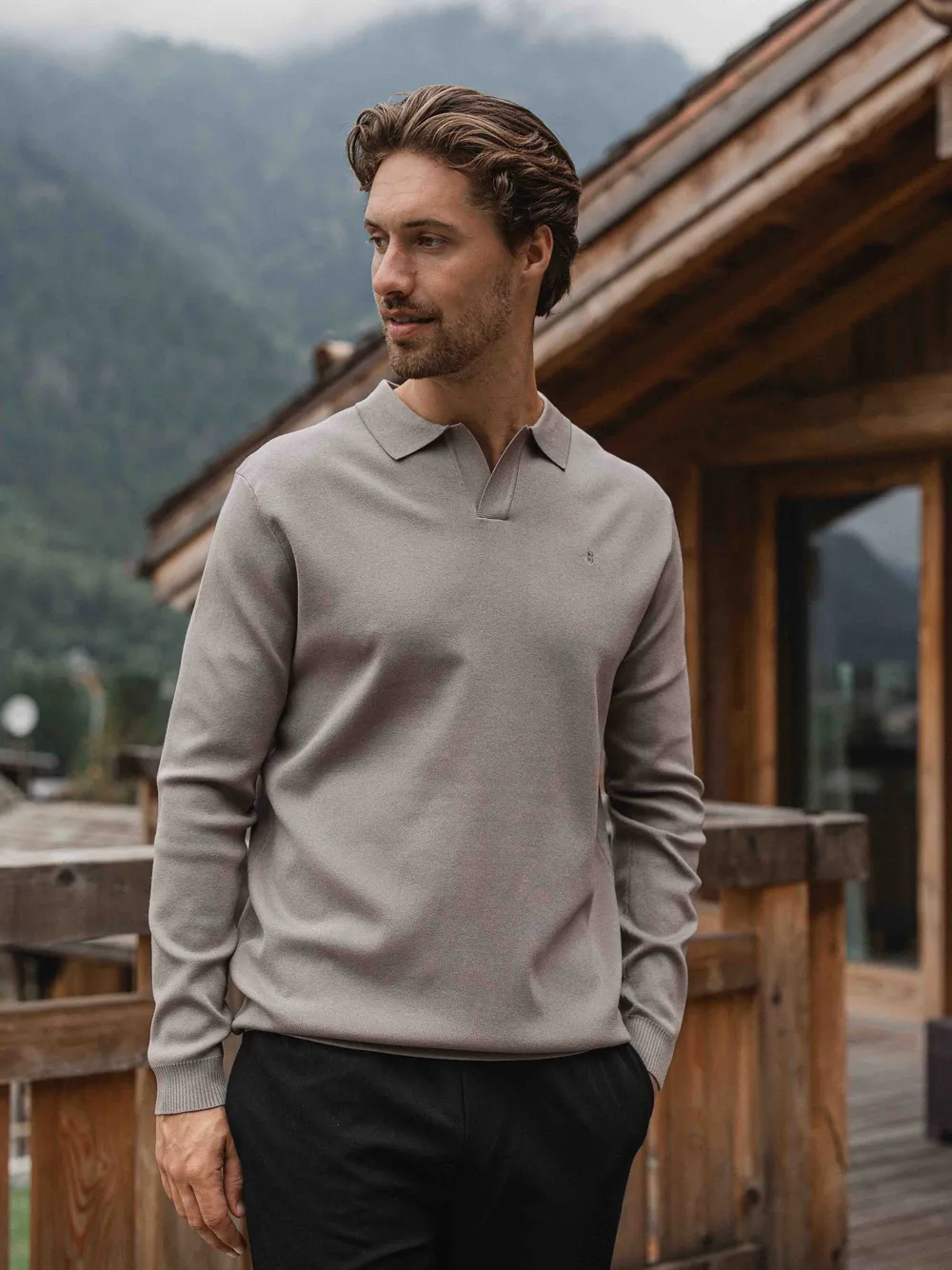 Taupe Knit V-Polo Longsleeve 1608 WEAR