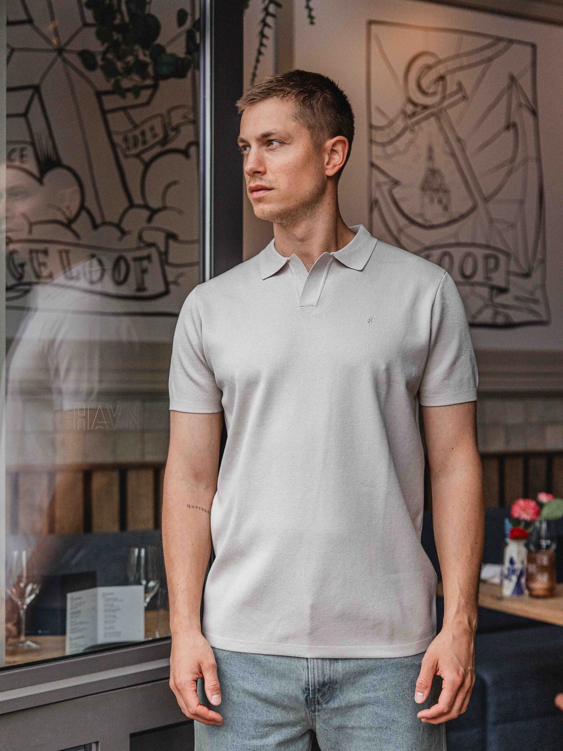 Stone White Knit V-Polo 1608 WEAR