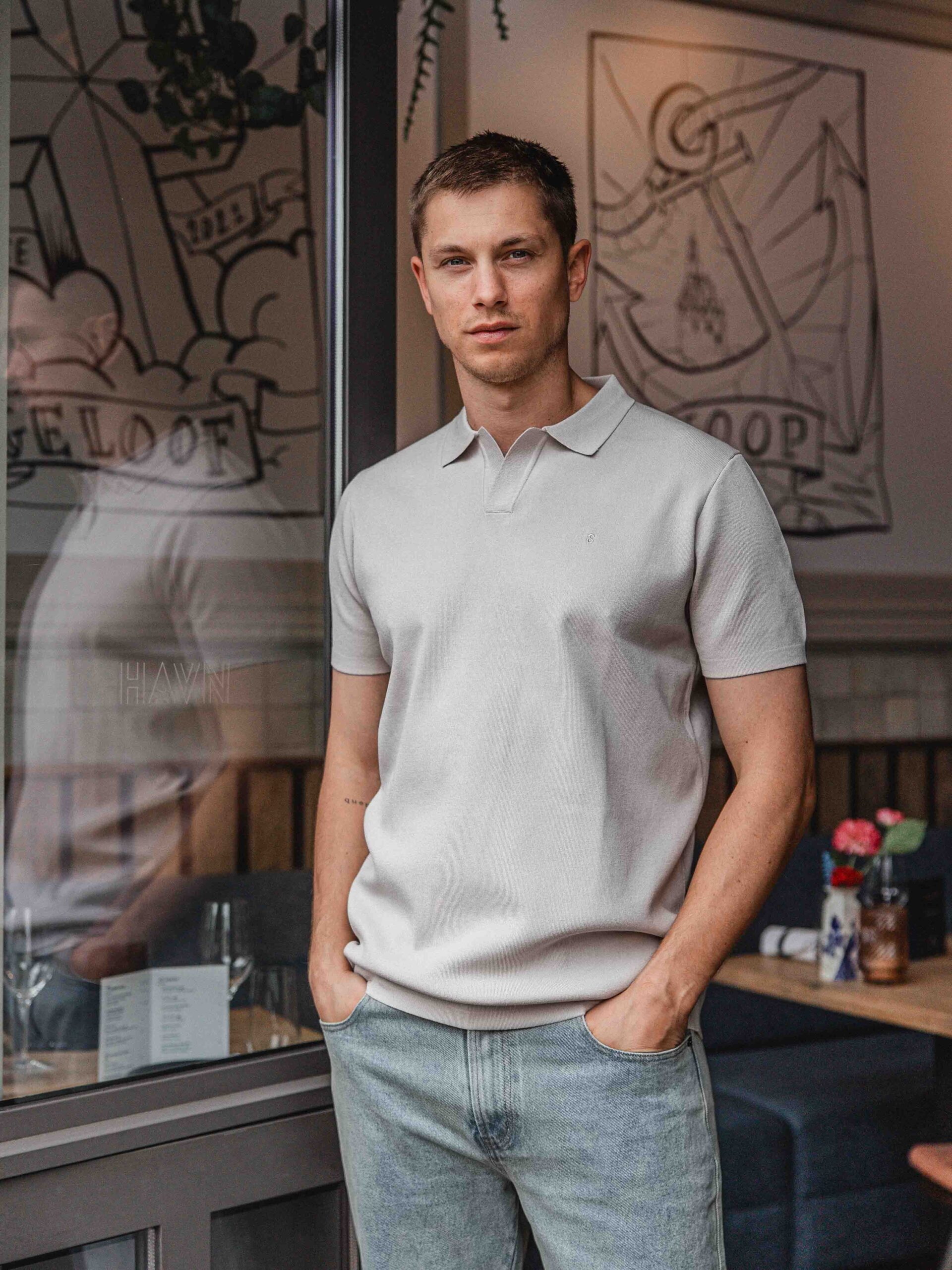Stone White Knit V-Polo 1608 WEAR